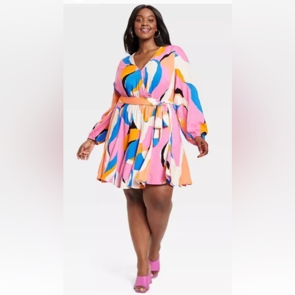 Ava & Viv Multi Color Balloon Sleeve Woven Dress Womens Size 1X (609) - Picture 1 of 6